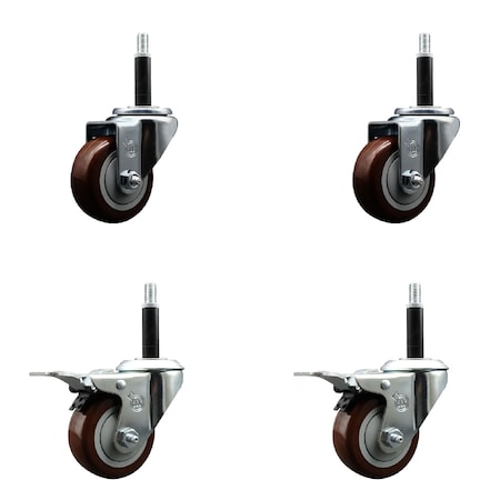 Service Caster 3'' Maroon Poly Swivel 3/4'' Expanding Stem Caster Set 2 Total Lock Brakes, 4PK SCC-EXTTL20S314-PPUB-MRN-2-S-2-34